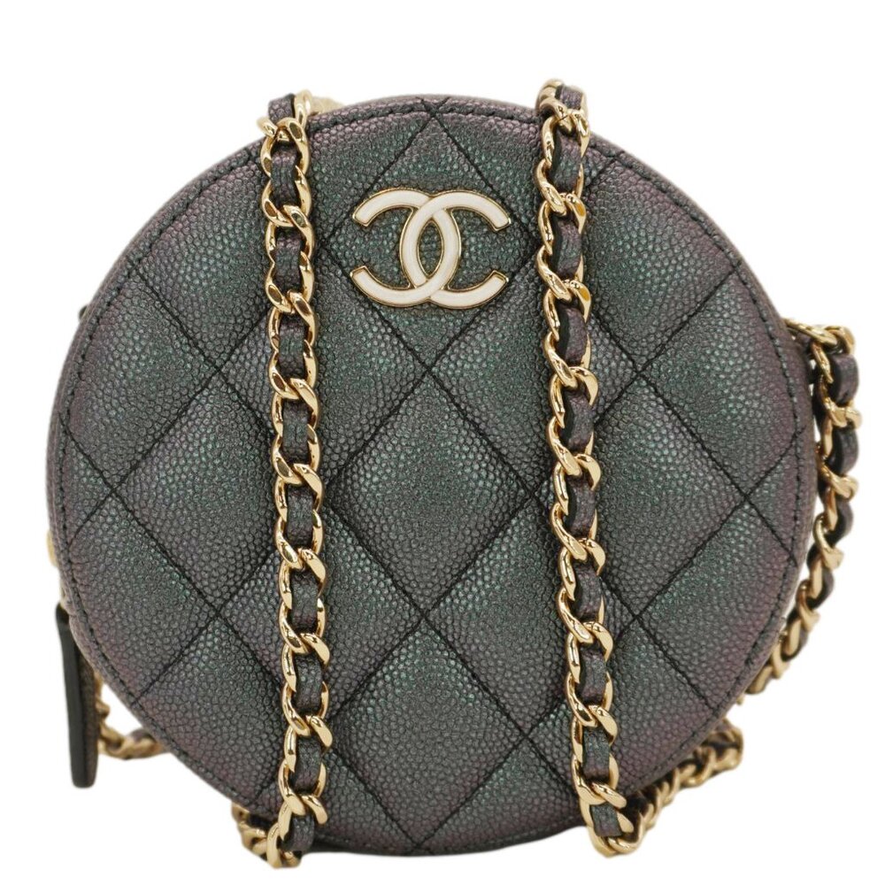 Chanel  Round Quilted Iridescent Caviar Leather Clutch Crossbody Bag Green